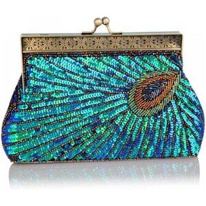 Womens Sequin Beaded Evening Bag Vintage Peacock Clutch Bags Wedding Party